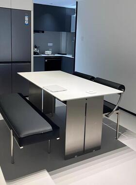 意式极岩约板餐桌锈钢长方形家用不现代简轻奢吃OUS简饭桌子办公