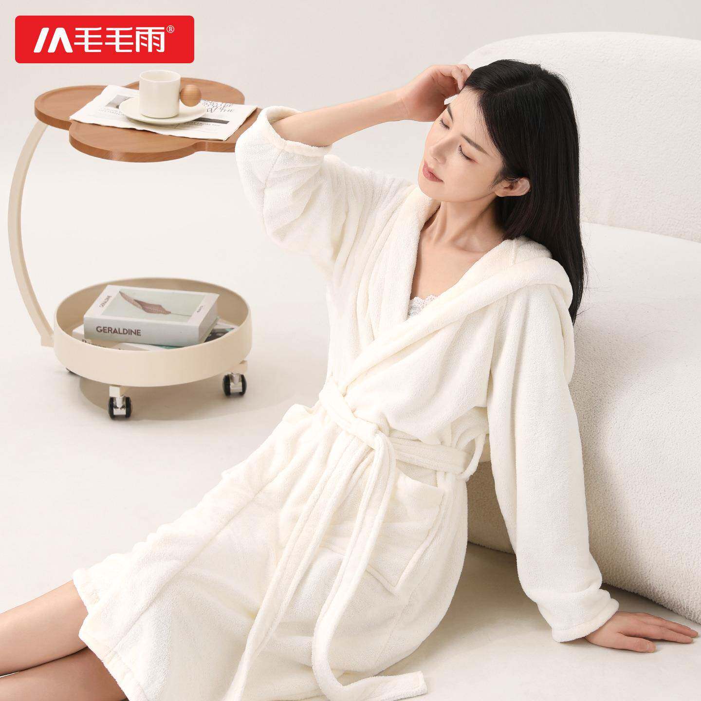 毛毛雨珊瑚绒女款浴式冬季加亲190108/厚连帽浴巾可穿吸袍水不易