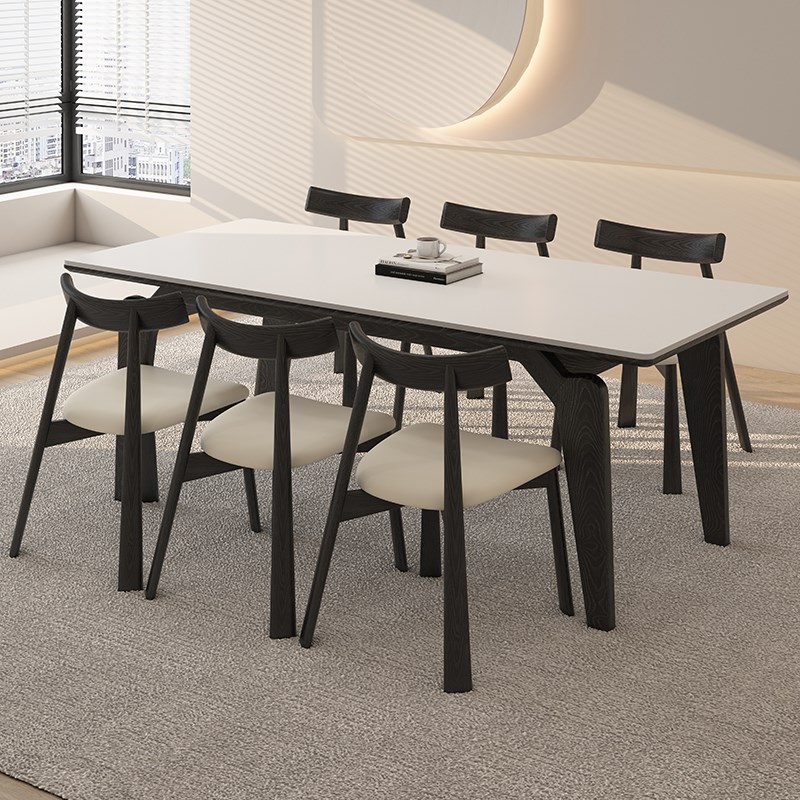 德利丰岩板餐桌黑色家用奶油中古风高级感长方形全托小户型饭桌子