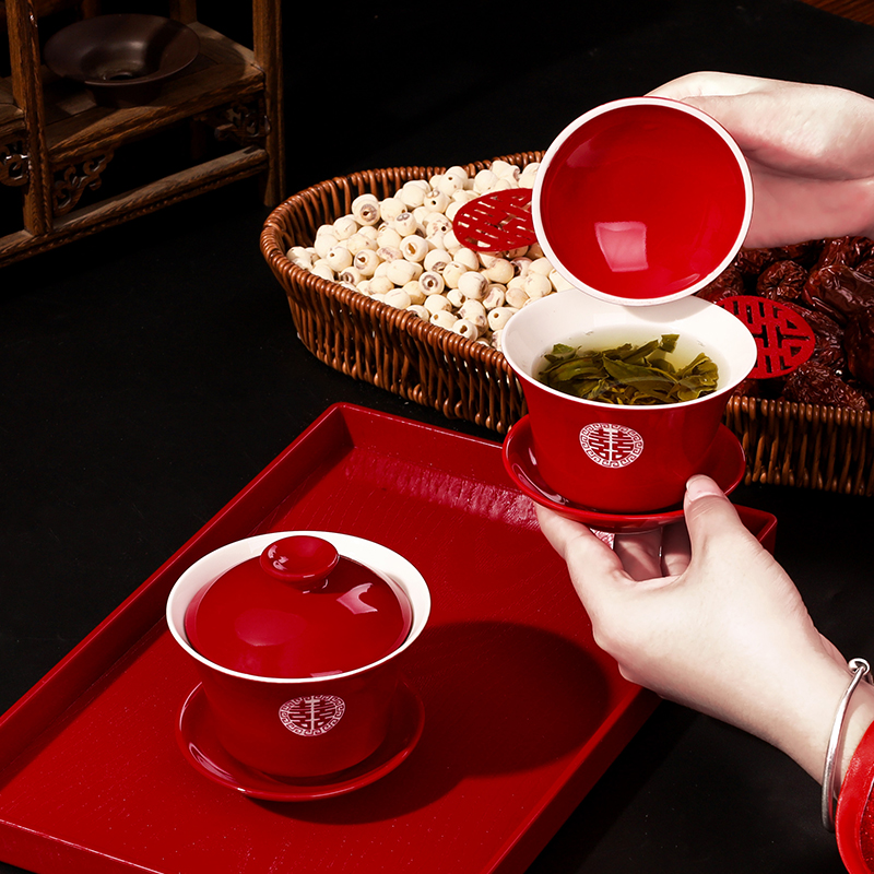 敬茶杯结婚喜碗敬酒茶杯装红色改口茶杯一对茶具婚礼红碗筷装