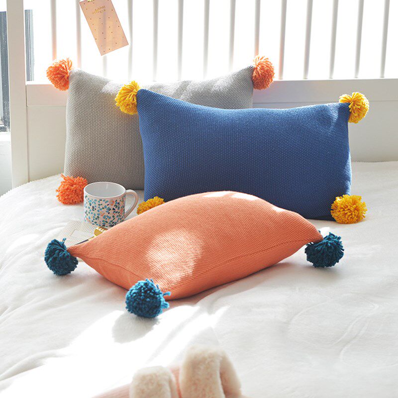 可拆洗针织粗毛线抱枕套沙发靠垫长腰枕长方形球球毯靠枕毯子套装