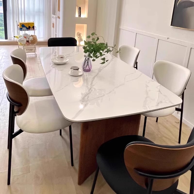 法式复古风桌子胡桃色实木长条岩板侘寂茶桌长方形中古小户型餐桌