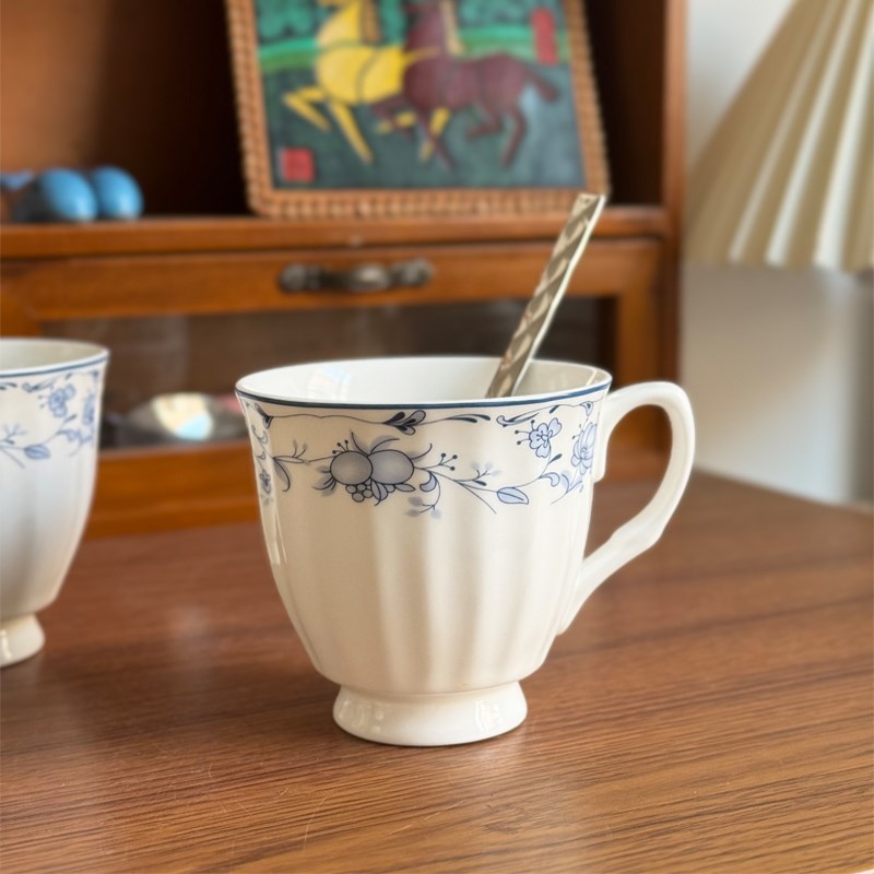 北府釉下彩花溪骨瓷杯竖纹咖啡杯复古水杯奶茶杯下午茶可微波陶瓷