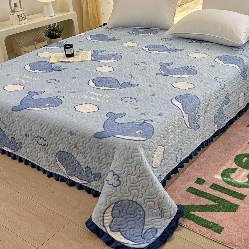 冬季加厚夹棉床盖单件加绒花边法兰珊瑚绒床单床罩202新款