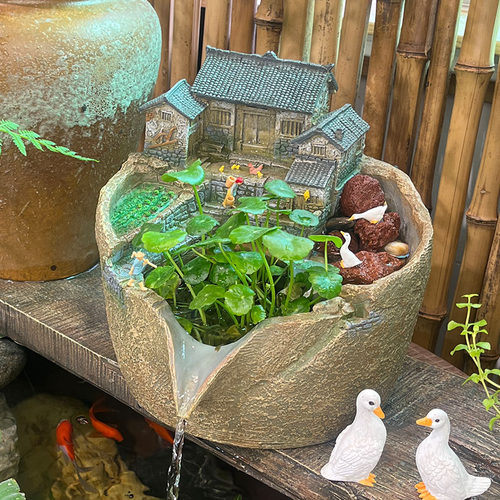 流水摆件循环水铜钱草花盆客厅阳台庭院鱼缸装饰品古法养鱼过滤器