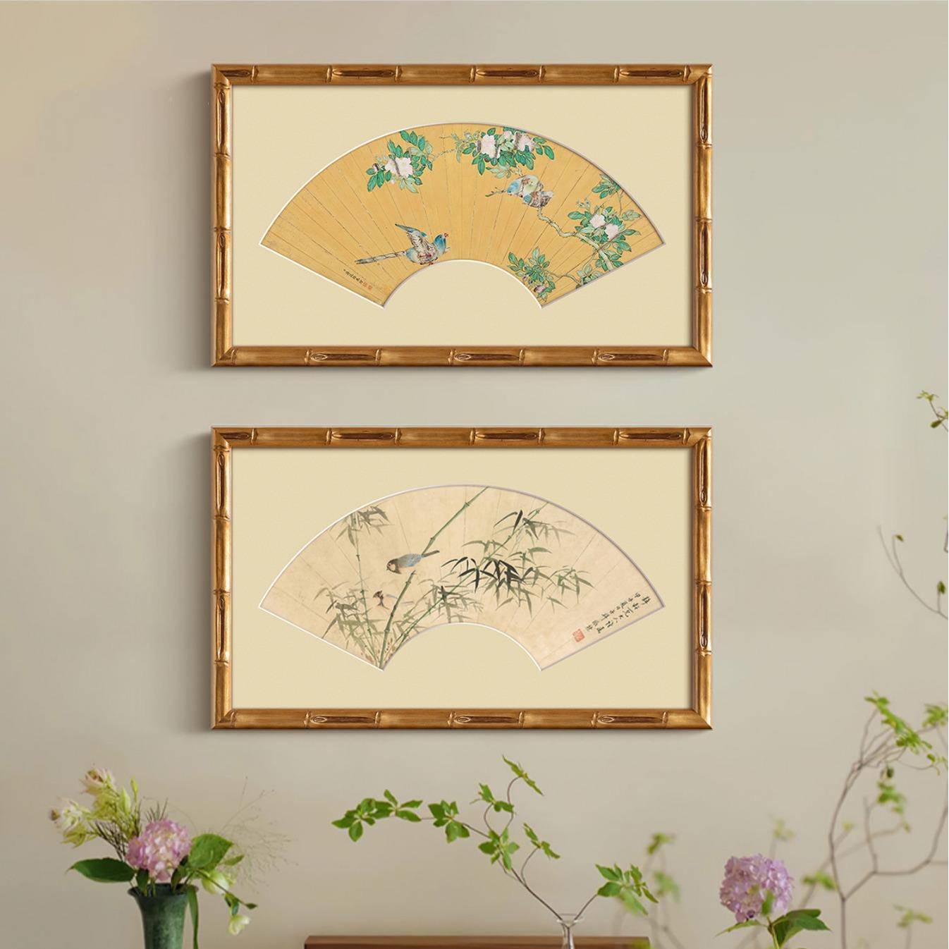 法式实木卡纸中国风客厅装饰画扇中式复古形厅山挂画餐中古PFJ水