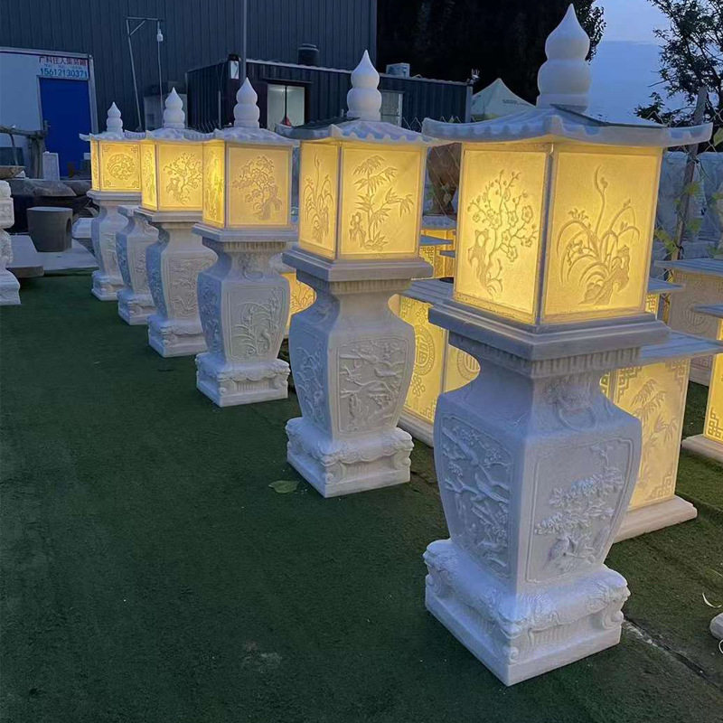 汉白玉雕刻新中式石灯笼庭院别墅室外户造景观太阳能石灯仿古摆件