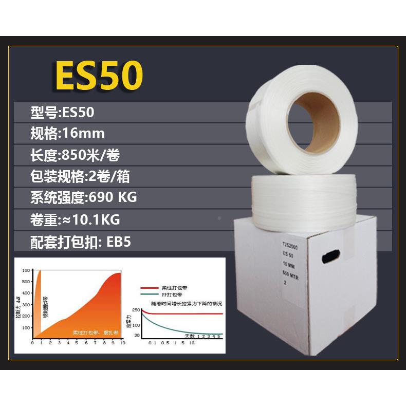 工厂进口原料ES50纤酯维打包16mm聚柔性打包带捆带扎带