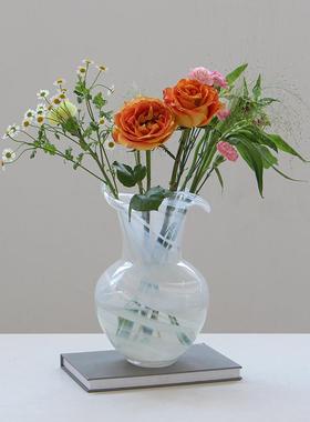 肚现代简约意KNU花边口白色渐创变纹大电子玻璃花瓶鲜花餐桌居家