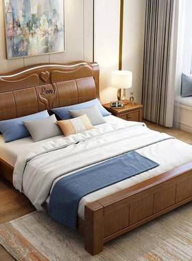 实木床简约加厚1.5床1婚.双人MXE8床主卧床经济气压高箱储物大橡