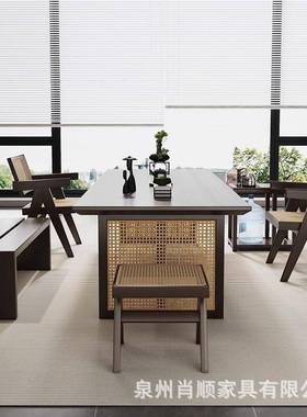 新中式茶茶椅合组家用客厅几茶台藤编接待泡茶桌实木桌大板XHO茶