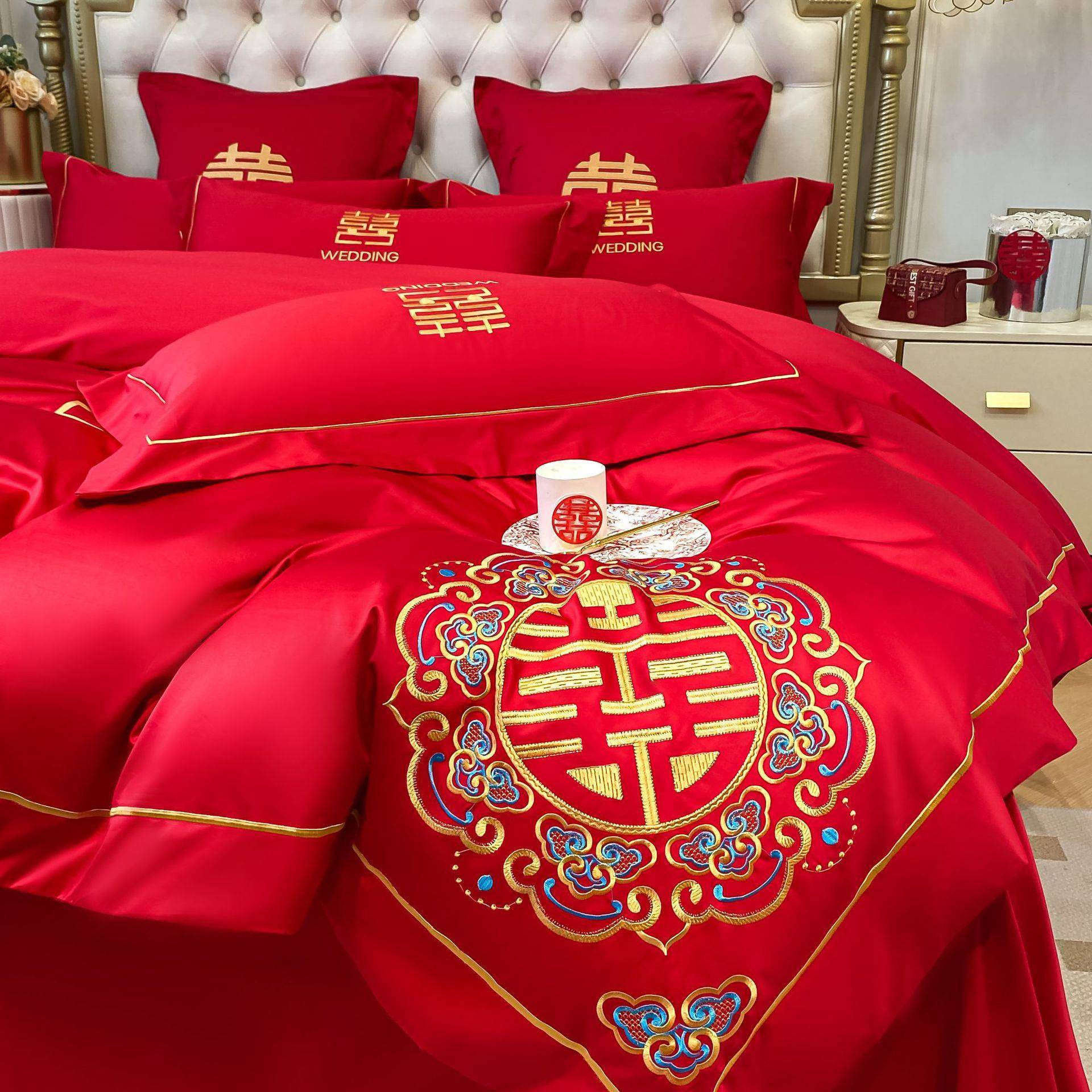 新中式婚庆长绒OLD12486棉四件套礼床用品六上红色婚结婚被套床单