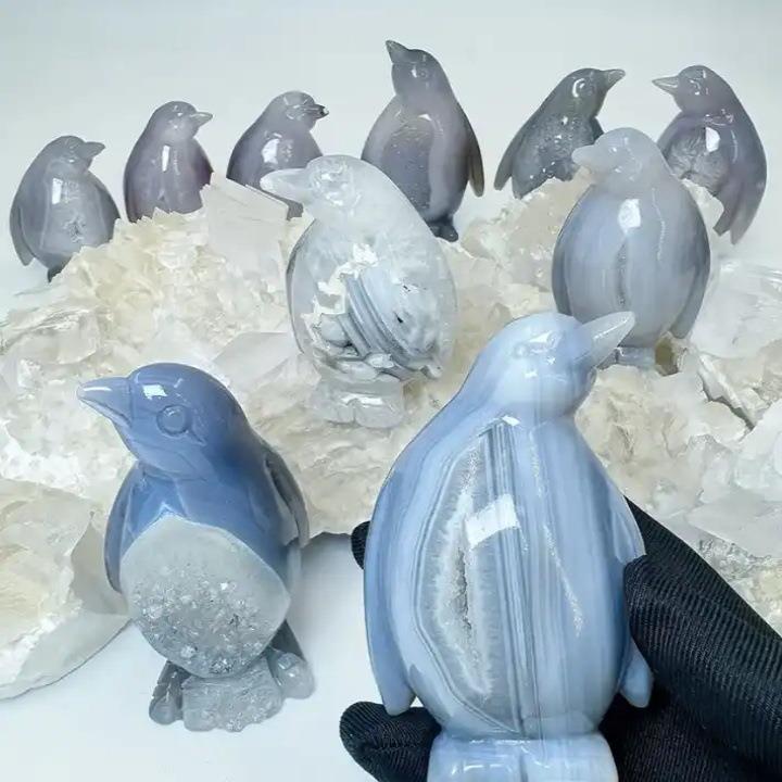 新品造天然晶DF晶洞企晶洞玛瑙精工雕件刻件企鹅把玩型摆艺术水品