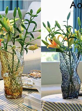 网红琥百合花玻花1209瓶珀色古波纹玻璃瓶桌璃面绿萝花瓶摆复件