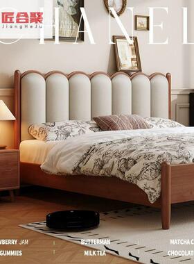 法OVV式实木软包床软简约.波浪床头1.8米奶油风人双床15米主卧公