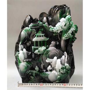 高档独玉山雕工艺品岫玉件水摆仿翡翠原石山 摆件独山玉石