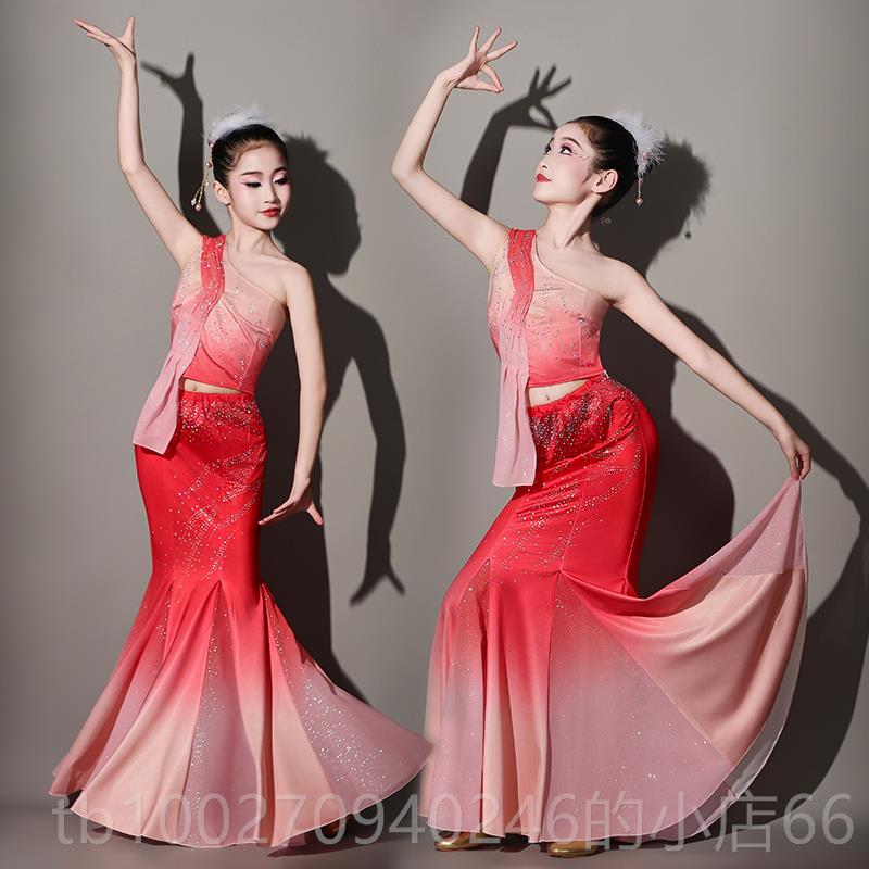 高档傣族舞蹈服装女童红孔舞雀色表演鱼尾裙民族风服饰六儿童演一