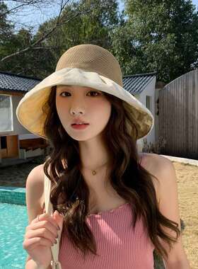 新款黑胶大檐遮阳帽女可折叠收纳防紫外线遮脸太阳帽显脸小欧根纱