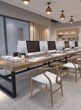 现代简办公商室长条多楼人职员实木会议XVT桌椅组合约务办公电脑