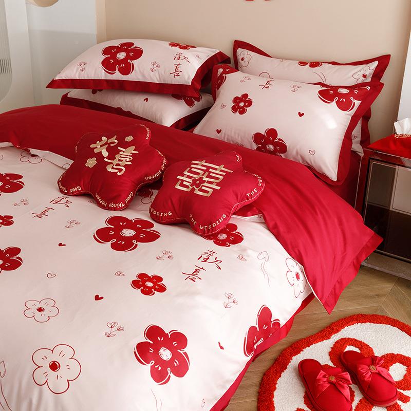 1简套约新婚庆红色00s长绒棉四刺件全纯棉绣结婚被套WZ100861床单
