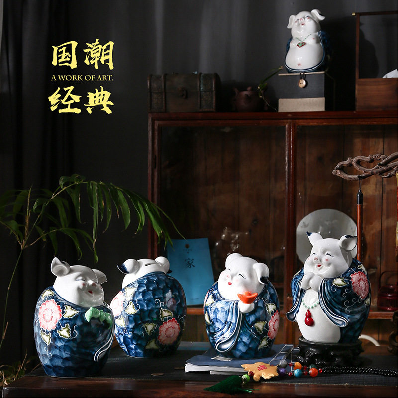 青花瓷复古五福临门猪猪存钱罐