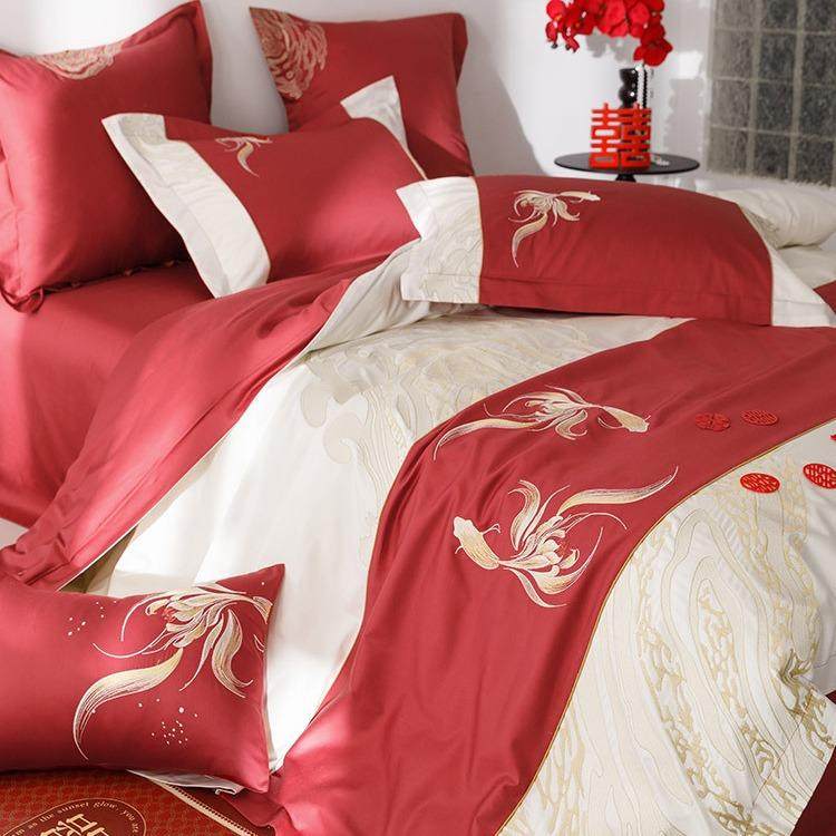 0高J12端婚庆10棉S长绒棉纯棉四件套轻奢刺绣全结婚拼接被用套床
