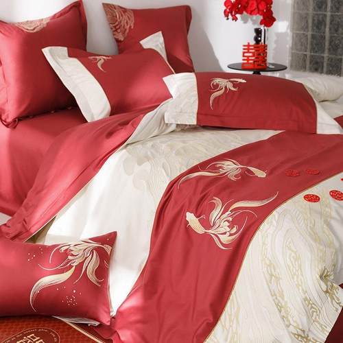 0高J12端婚庆10棉S长绒棉纯棉四件套轻奢刺绣全结婚拼接被用套床