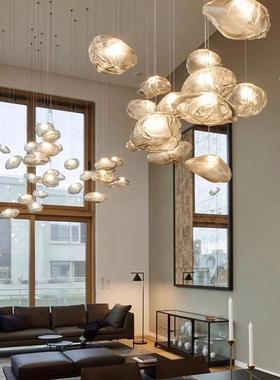 式楼复梯吊灯设t计师玻6璃云朵长线吊灯lof挑空公寓别厅墅客厅餐