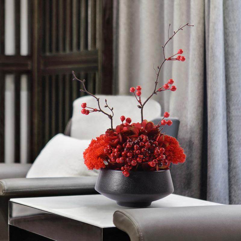 新中式红色浆洽果花艺摆件样景房餐板桌博古架谈桌仿真盆软装MC-H