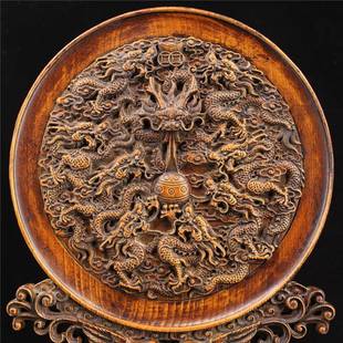 古玩杂项仿花古石文摆玩IGJ收藏梨木镶嵌宝松石九龙满雕工屏风插