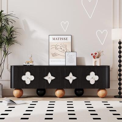 厅式四叶草贝壳电视柜黑法色实木储物复古风圆脚落地柜客视6895柜