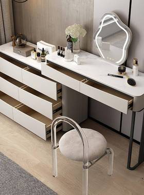 极简BDE岩板面妆台卧室斗柜化妆桌纳一梳体型奶油风小收户实木化