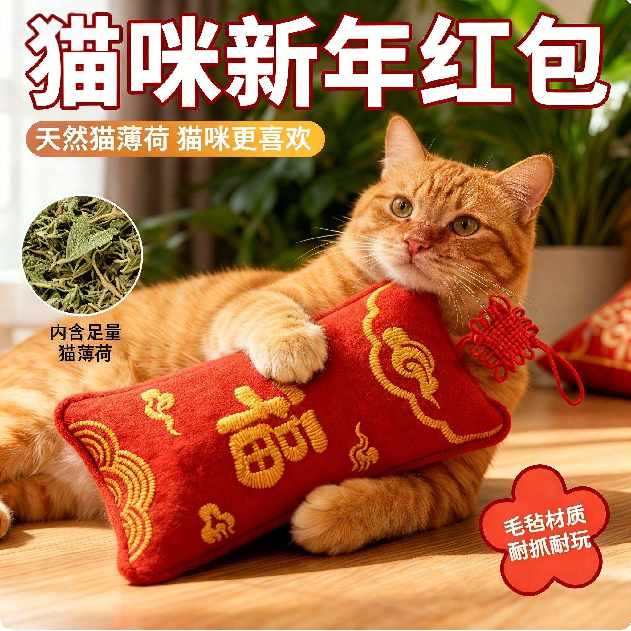 新年红包猫咪自嗨抱枕毛毡玩具过年红包喜庆耐抓耐咬枕头逗猫神器,宠物/宠物食品及用品,逗猫棒,淘宝优惠券,粉丝福利购,淘宝优惠卷