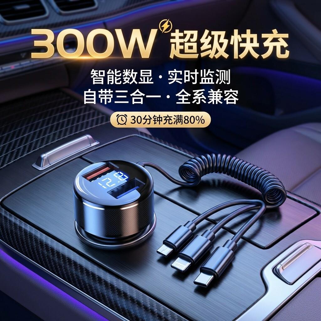 德国车载充电器一拖三超级快充车充伸缩线汽车点烟器转换插头通用