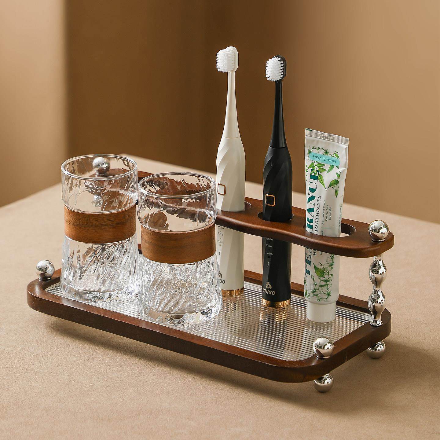 有趣的家胡桃木中古风牙刷置物架高级感覆古洗漱台牙刷漱口杯收纳