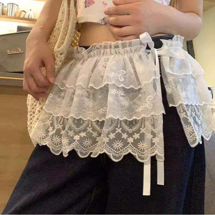 白色蕾丝花边屁帘女春夏季配牛仔裤叠穿腰部半身裙时髦系带短裙