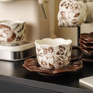 无品牌/咖啡杯田园风碟复古北碟欧高级感高颜值带杯架瓷陶杯组合