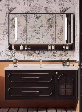 新中古式漆风卫法式橡木烤浴室柜组合生间陶瓷一体盆41681洗手池