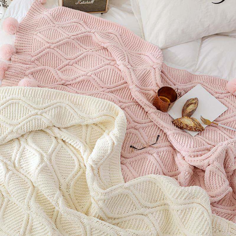 网雪尼尔毛球毯红子沙发毯盖毯针织粗线编织床FS756309尾毯毛装球