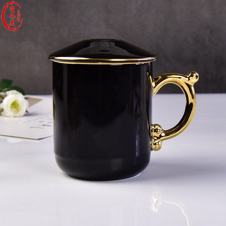 金骨瓷盖杯把啡瓷简约创意公茶杯黑白两金把会议色陶家用牛奶咖盖
