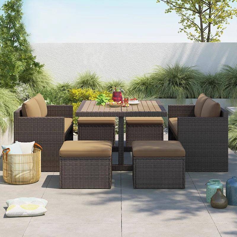 户外休闲藤沙发庭院脚塑花园合并收纳藤24060102编椅踏岩板木桌室