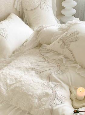 法式公主浪漫轻26419美奢绝蕾棉丝边100支长绒水卧洗女生室四件套