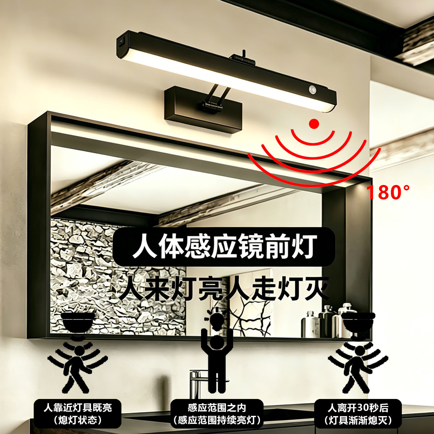 人体感应镜前灯卫生间镜柜用浴室免打孔化妆led镜灯柜顶墙壁安装