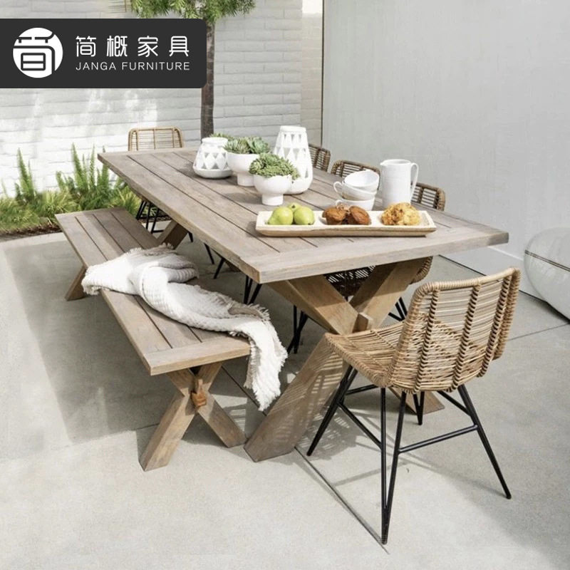 户外别墅柚木桌椅露天花园庭院防水防晒藤编椅实木长条凳餐桌组合