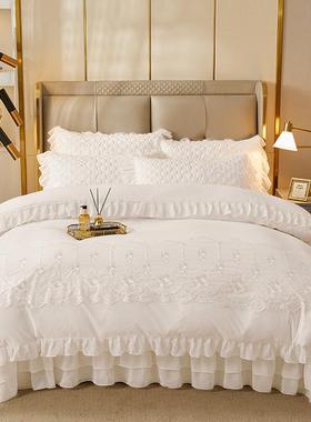 韩版边公主风夹棉F968MJMT缝床款四件套绗盖纯白色花被套四季通用