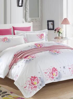 宾馆酒纯店布草YI-01全棉活性宿印花件套棉白色名床上四用品