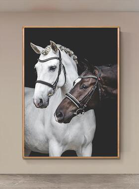 两装匹黑白骏马画挂马头壁画饰VEQ马到成功抽象艺术玄关走廊竖版