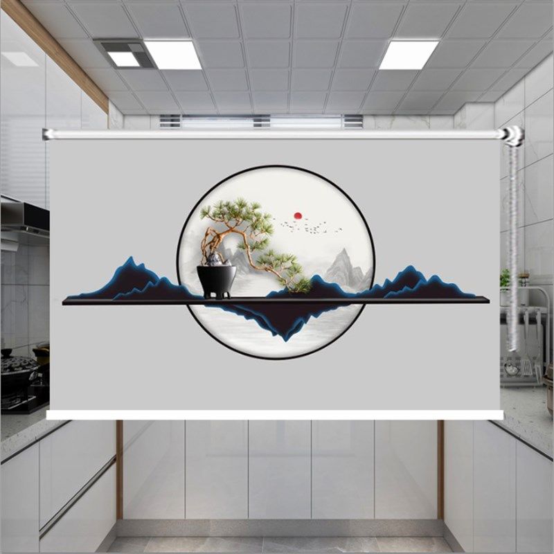 现代简约中式水墨山水复古客厅书房免打孔拉珠升降免打孔卷帘窗帘