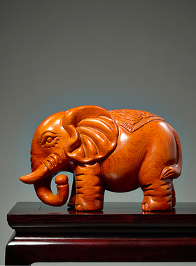 实木雕刻大象摆件一对中式木质财福象摆件玄关柜客厅乔迁新居礼品