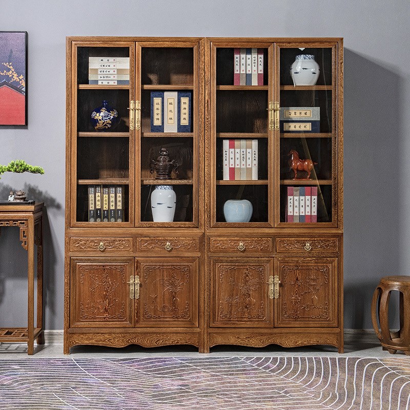 鸡翅木书柜红木展示柜防尘飘窗玻璃中式仿古书橱落地柜储物陈列柜
